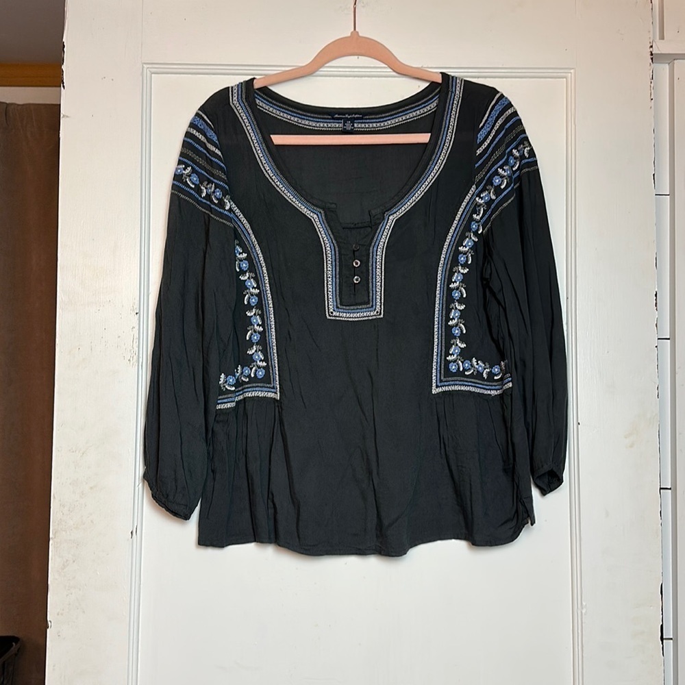 American Eagle Bohemian Embroidered Peasant Tunic Blue Floral Gauze Top L